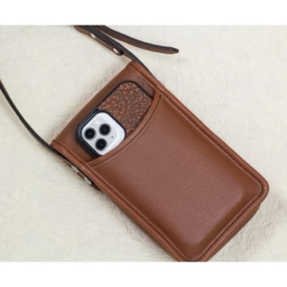 Oberon Design Leather Molly Cell Phone Handbag, Embossed Acanthus Leaf Navy - Picture 6 of 12